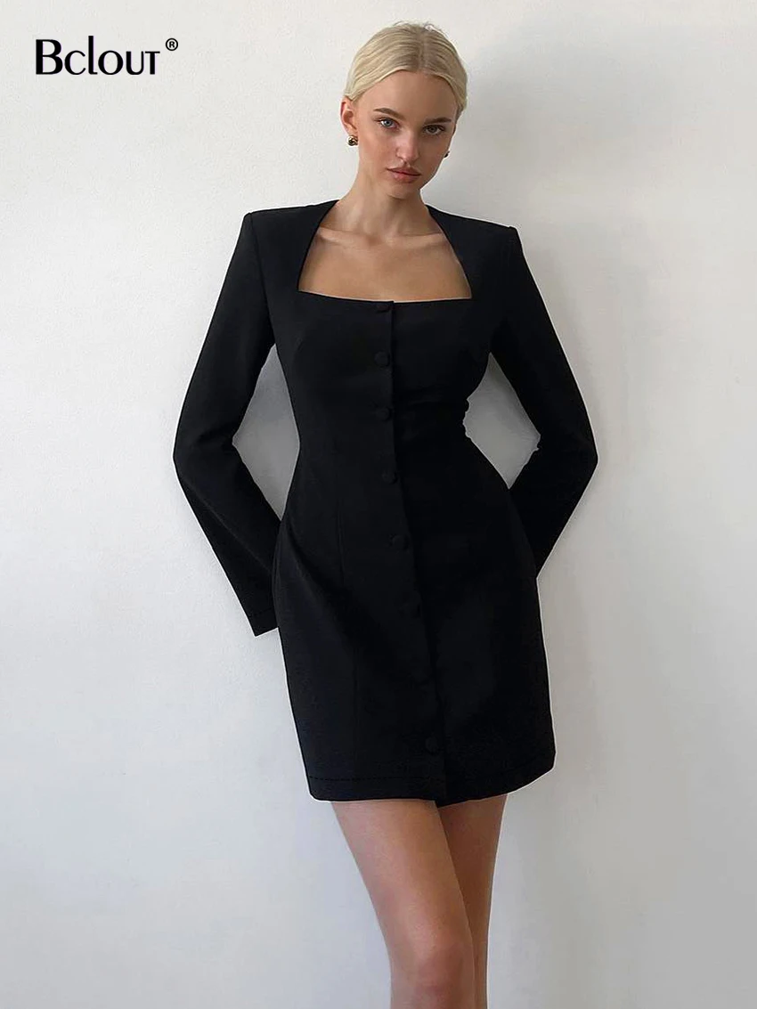 

Bclout Elegant Black Dress Women Winter Long Sleeve Office Lady Elastic Mini Dresses Fashion Single Breasted Sexy Bodycon Dress