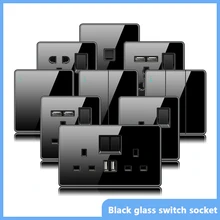 Luxury All Tempered Glass Wall Light Switch Button Black UK Plug 13A Universal Wall Socket with Usb ,220V1gang2way Speed Switch