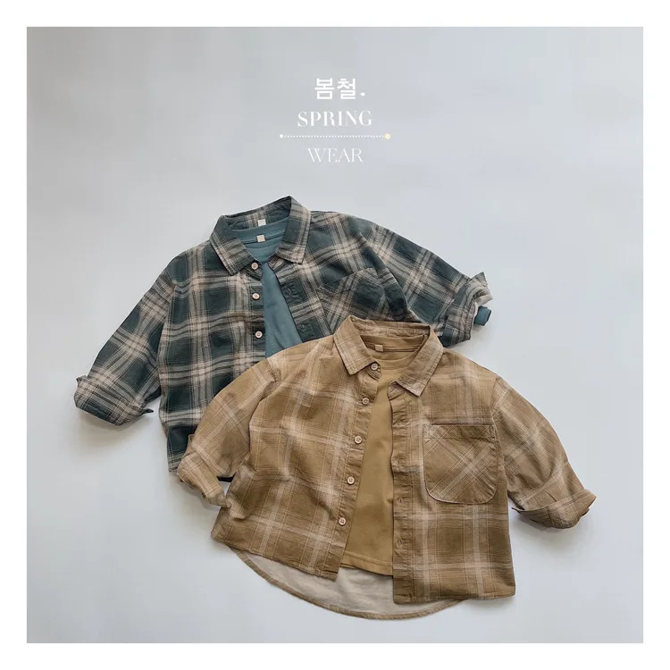 

Retro Style Children's Korean Checkered Shirt 2023 Spring Japanese Korean New Boys And Girls Fine Stripe shirt Top
