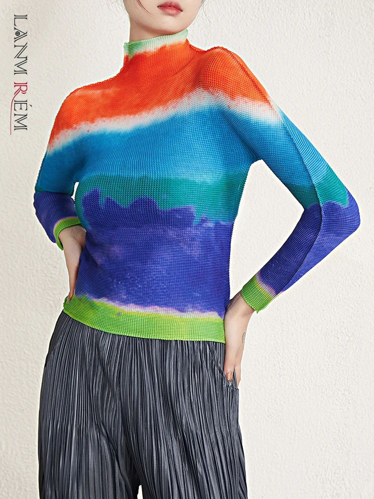 

Женская плиссированная футболка LANMREM с принтом в стиле ретро, водолазка с длинными рукавами, облегающие цветные топы, модная женская одежда на лето, 2YA311