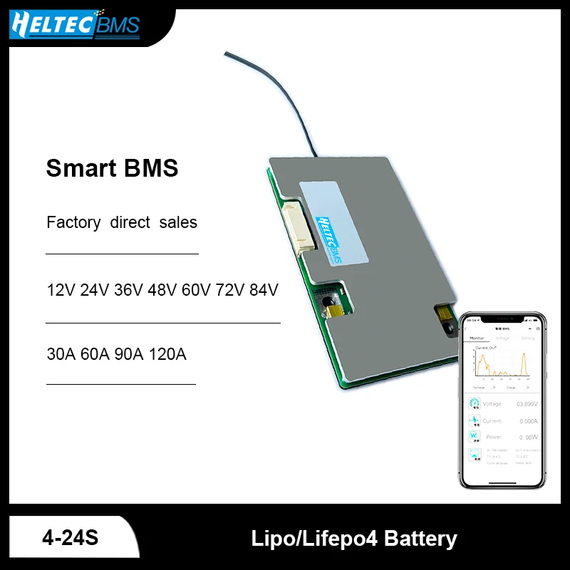 HeltecBMS 4S-24S Smart BMS 12V24V36V48V60V72V84V Lipo/Lifepo4 аккумулятор 30A 60A 90A 120A 7S 8S 16S Защитная плата с приложением NTC