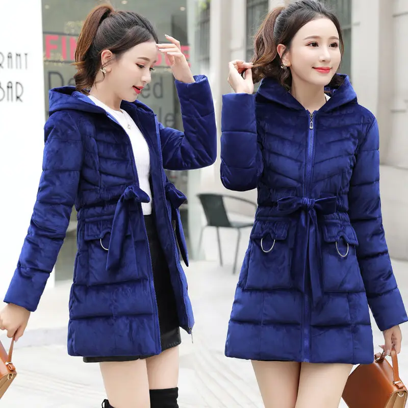 

2021 The new gold velvet cotton-padded women's mid-length lace-up waist is thinner, down cotton jacket, winter warm fashion ja