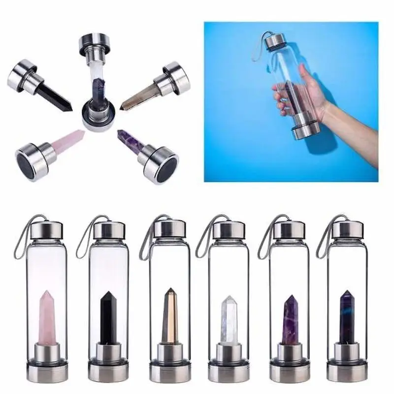 

New Natural Glass Water Quartz Gemstone Bottle Direct Drinking Cup Cute Crystal Obelisk Wand Healing Wand Tea Bottle with Rope