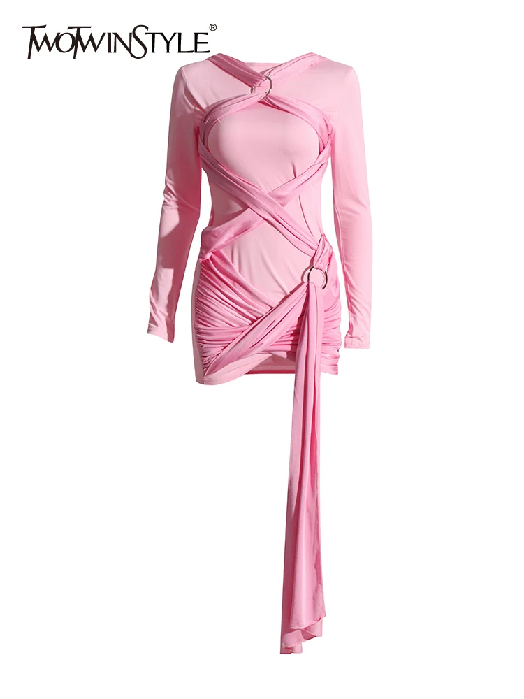 

TWOTWINSTYLE Solid Slimming Patchwork Folds Mini Dresses For Women Round Neck Long Sleeve High Waist Sexy Bodycon Dress Female