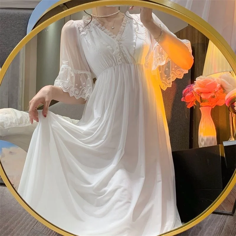 Summer Womens Nightgowns Lace Mesh Princess Robe Short Sleeve Elegant Long Nightdress Morning Sleepdress Pajamas 2PCS Home Suit