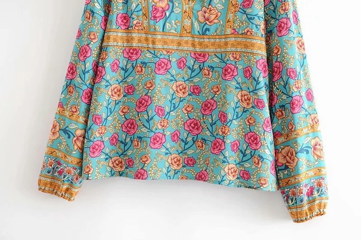 Винтажная шикарная Женская богемная блузка с цветочным принтом и V-образным