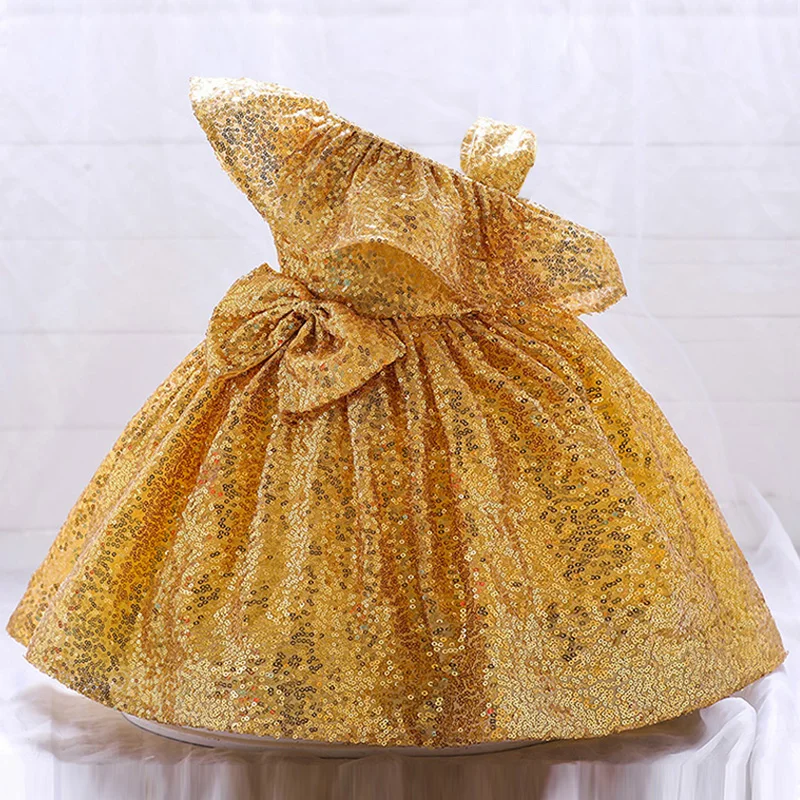 Gold Red Party Newborns Toddler Costume Baby Girl Clothes One Shoulder 1 Year Birthday Dress For Baptism Sequin Princess Dress