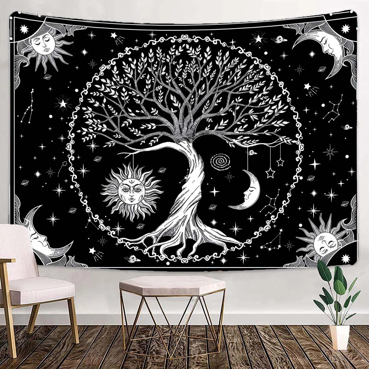 

Tree of Life Tapestry Black and White Burning Sun God with Moon Tapestrie Bohemian Psychedelic Decoration Home Aesthetic Blanket