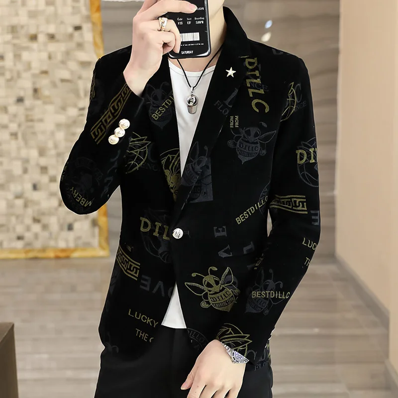 

Костюм мужской с принтом, однобортный пиджак с длинным рукавом, без разреза, повседневный облегающий костюм с воротником, 3 размера, весна-ос...