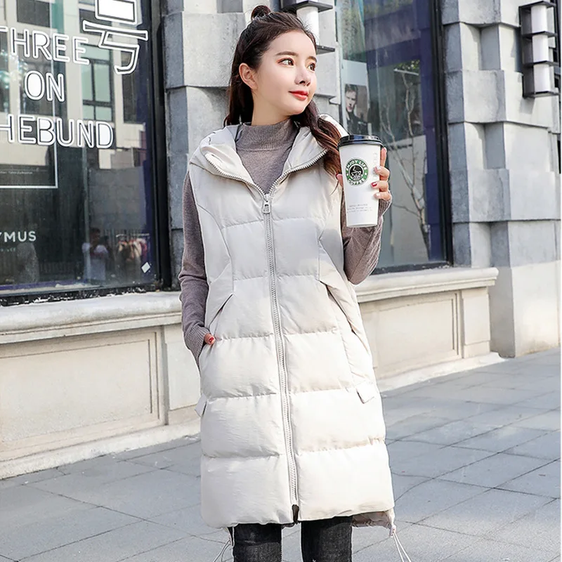 Women mid-length cotton hooded vest coat autumn winter new Ladies hooded outer wear Korean loose vest jacket Lady