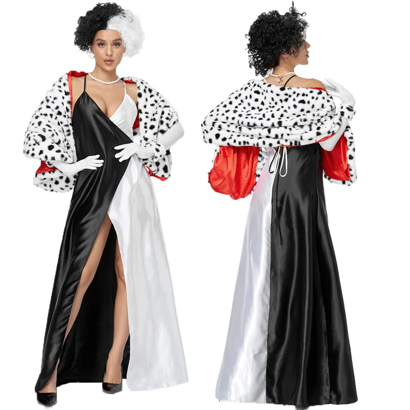 Women's Sexy Evening Dress Dalmatian Cosplay White Black Devil Witch Cruella Costume Wig Suit Leopard Dot Wraps Shawl Halloween