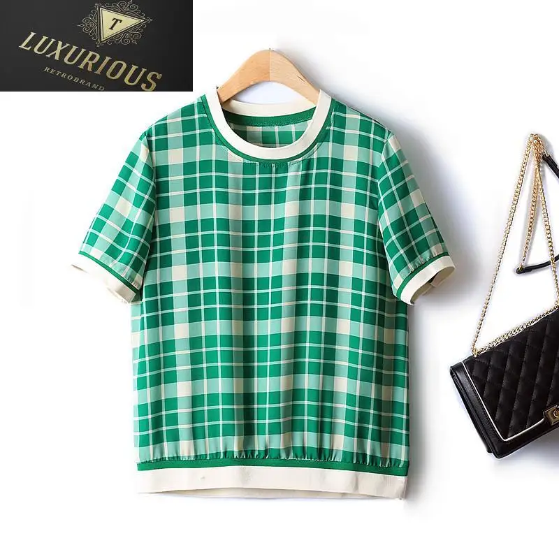 

Блузка женская шифоновая в клетку, с круглым вырезом