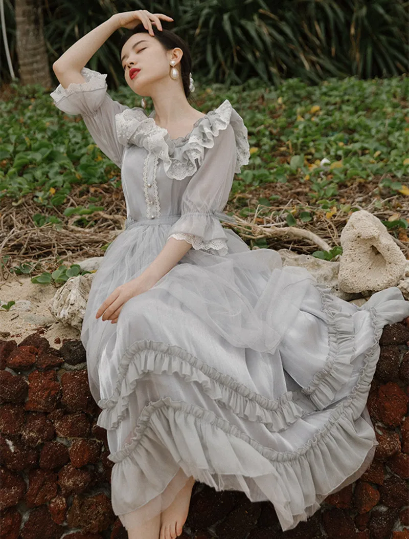 

Cottage Style Gray Lace Fairy Dress Summer Vintage Royal Flare Sleeve Square Collar Gorgeous Princess Dresses Tulle Vestido