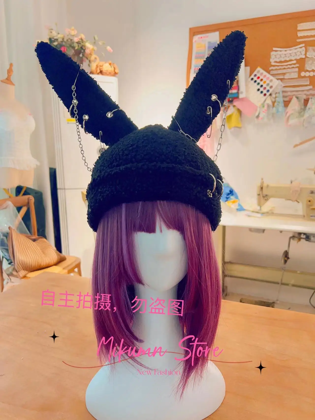 Gothic Grunge Rabbit Ear Hat Harajuku Y2k Punk Chain Pin Metal Ring Lambswool Black Hat Women Girls Winter Warm Chic Streetwear images - 6