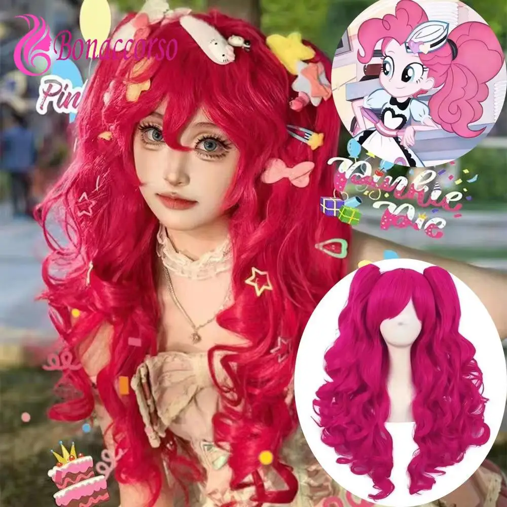 Pony Friends Pinkie Pie Косплей Парик Двойной хвост Синтетический длинный вьющийся парик