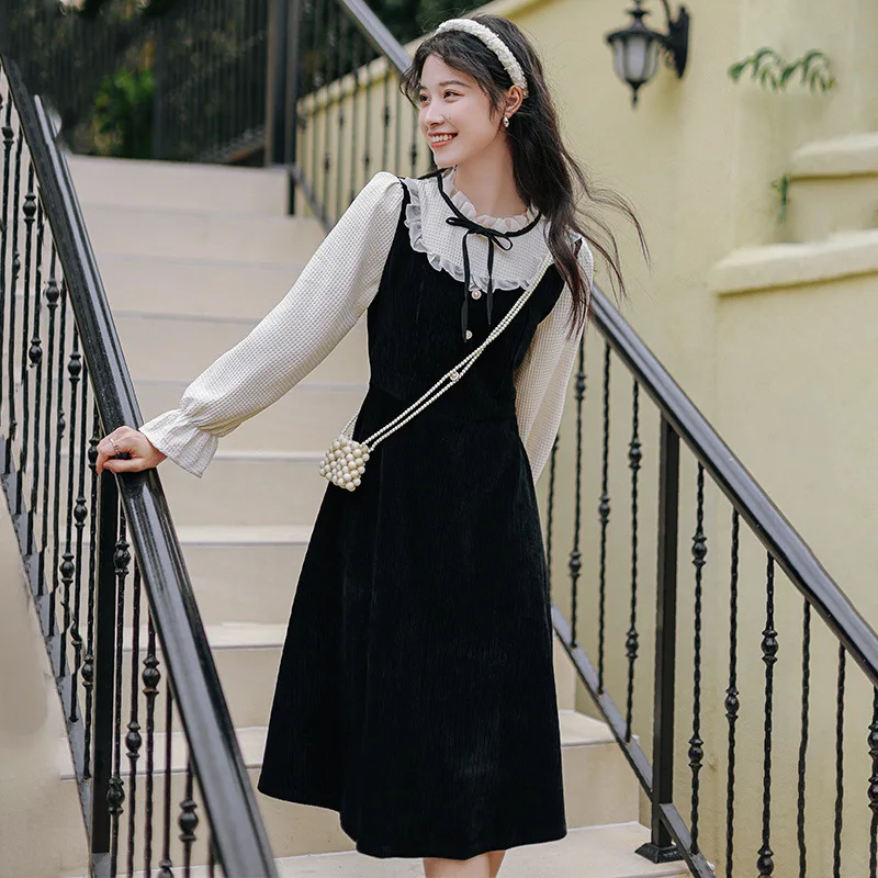 

Милое Платье Y2k в японском стиле для женщин, элегантное корейское вечернее платье миди, винтажное черное платье Лолиты с длинным рукавом, Mori ...