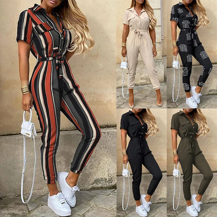 

Summer 2022 Trousers Casual Lapel Button Print Belt Cargo Jumpsuit