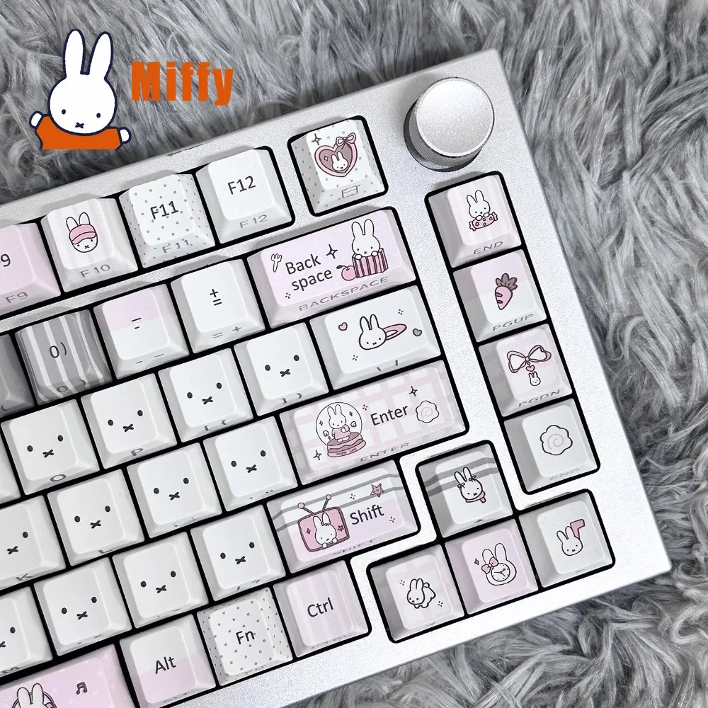 Фото Набор кейкапов для механической клавиатуры Kawaii Miffy: милый кролик, пастельные серо-розовые цвета, PBT, сублимационная печать, аксессуар для рабочего стола, подарок для офисной сотрудницы №3