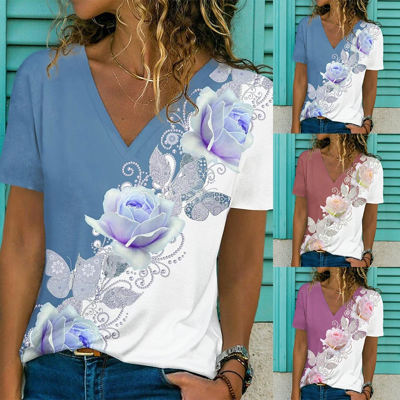 

2022 Summer Women's Floral Theme Painting T Shirt Floral Color Block Print V Neck Basic Tops Blue Pink Red / 3D Print Loosen