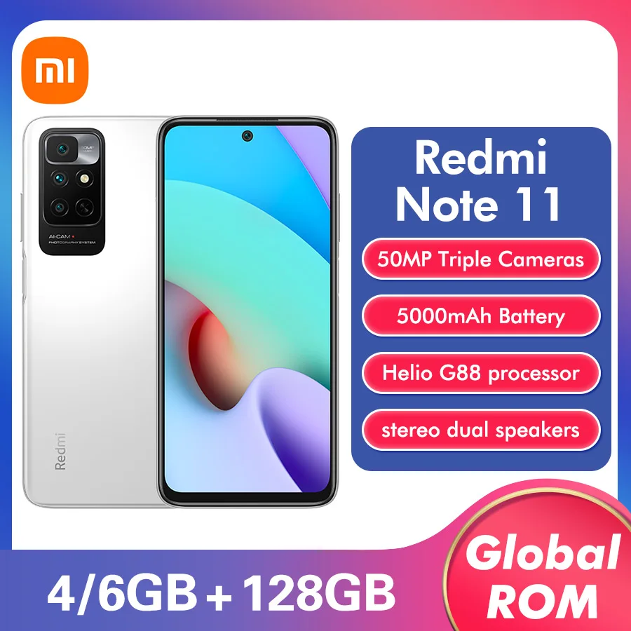  Xiaomi Redmi Note 11 с глобальной прошивкой, 4G, тройная камера 50 МП, 6,5 дюйма, 90 Гц, DotDisplay, Восьмиядерный MTK Helio G88, 5000 мАч, 18 Вт, быстрая зарядка 