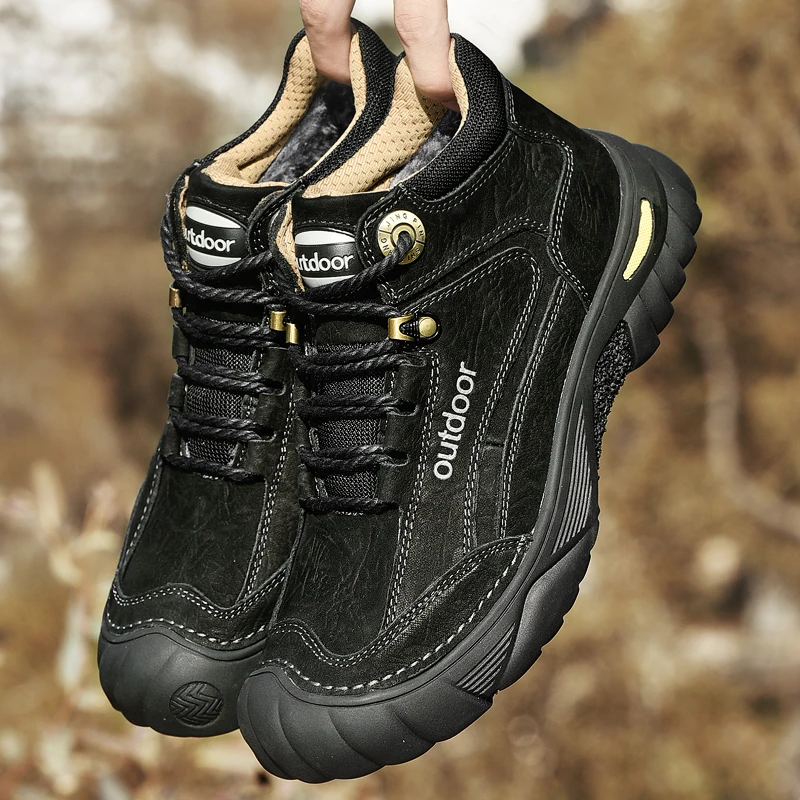 HIKEUP Men's Outdoor Hiking Shoes Cow Leather Winte Boot Waterproof Non-Slip Trekking Sneakers Durable Sports Protecting the toe