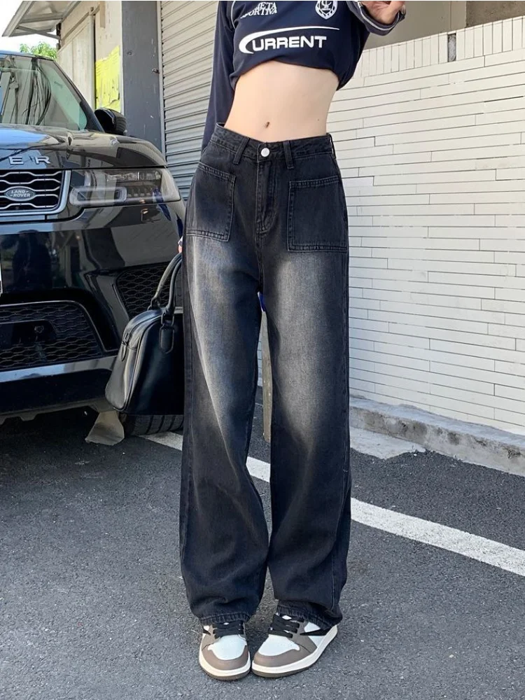 HOUZHOU Vintage Grunge Baggy Black Jeans Women Y2K Hip Hop Wide Leg Denim Pants Harajuku Retro Streetwear High Waist Bottoms