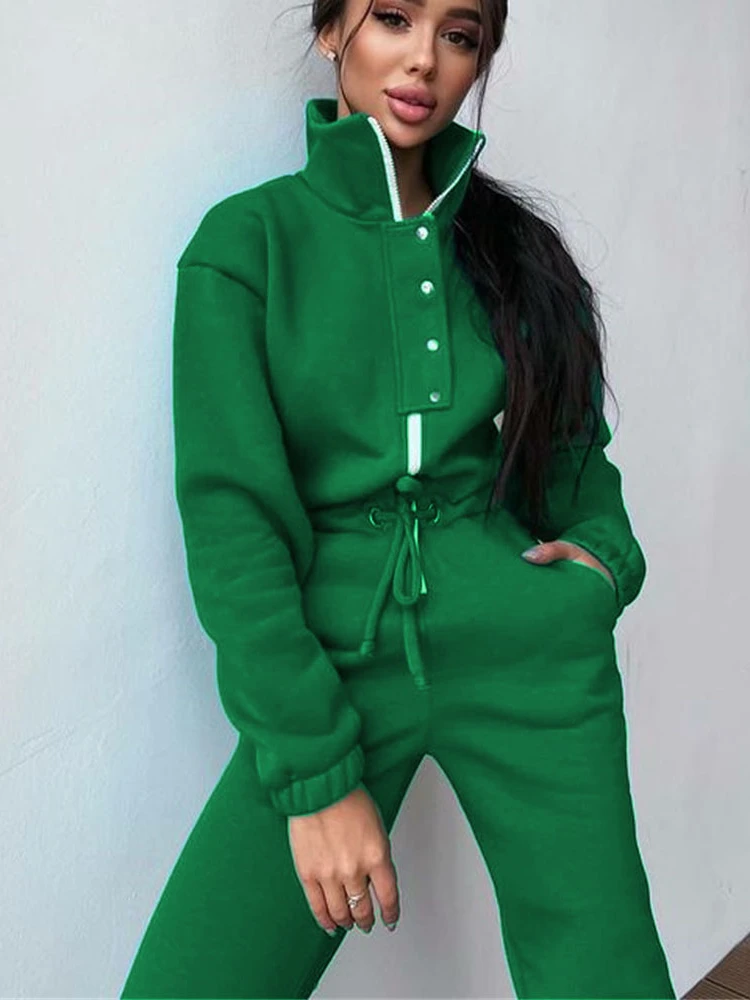

Casual Jumpsuits Womens One Pieces Long Sleeve Long Pants Green Jump Suit Fashion Streetwear Sweatshirt Sporty Rompers Female