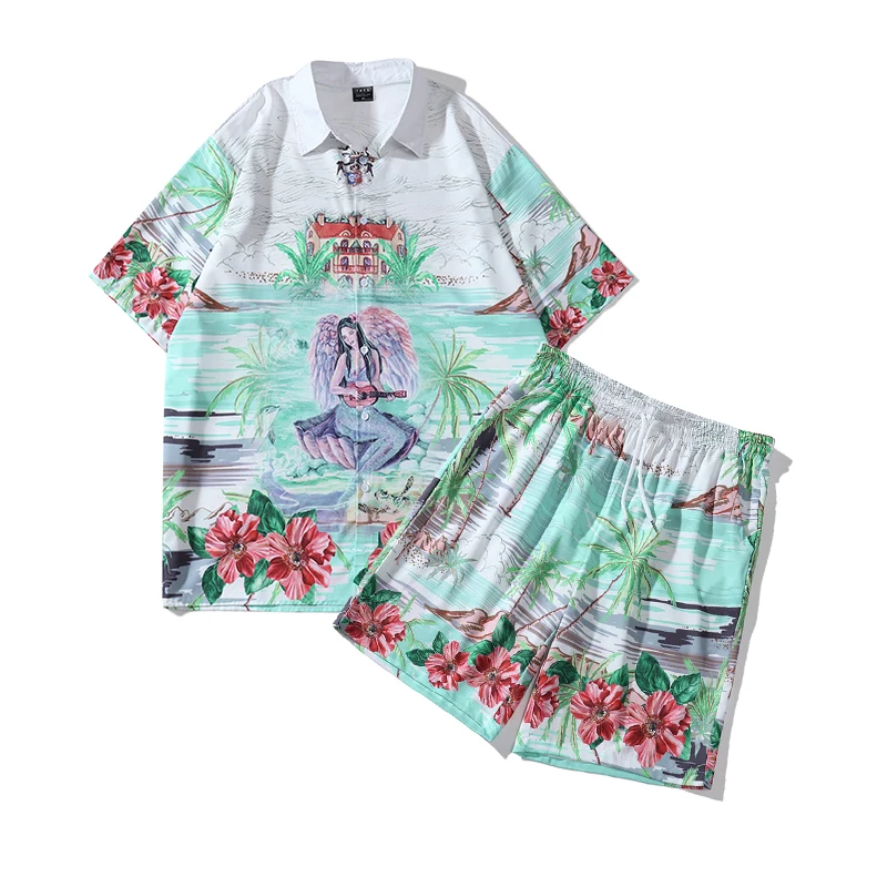 

OSCN7 New Summer Casual Print Shirt & Shorts Set Men 2022 Beach Streetwear Tracksuit Male High Quality Two-Piece Sets Mens