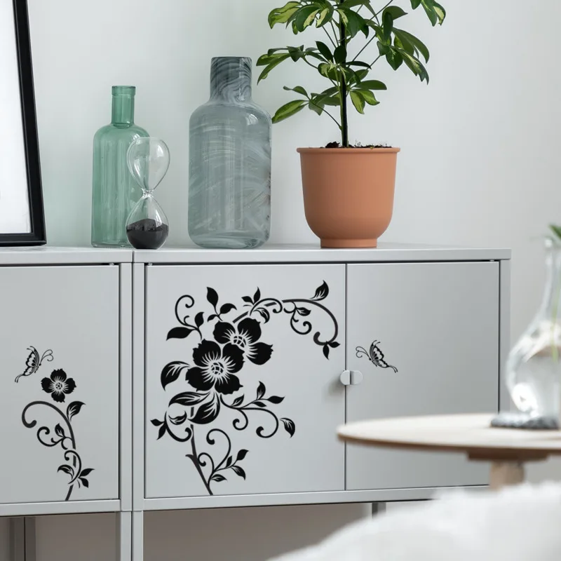 

Classic Black Butterfly Flower Rattan Creative Wall Stickers Shoe Cabinet Toilet Decoration Simple Solid Removable Toilet Paste