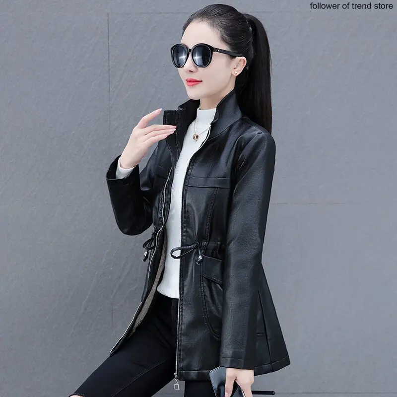 Leather women's autumn  winter Korean style waist mid-length plush thick casual jacket slim PU leather jacket vintage