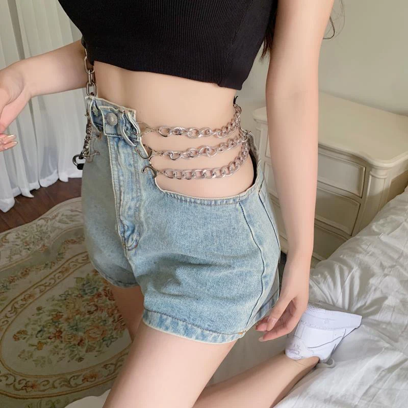 Summer New Streetwear High Waist Chain Hollow Out Shorts Hipster Trend Fashion Y2K Loose Casual Short Pants Women's Clothing