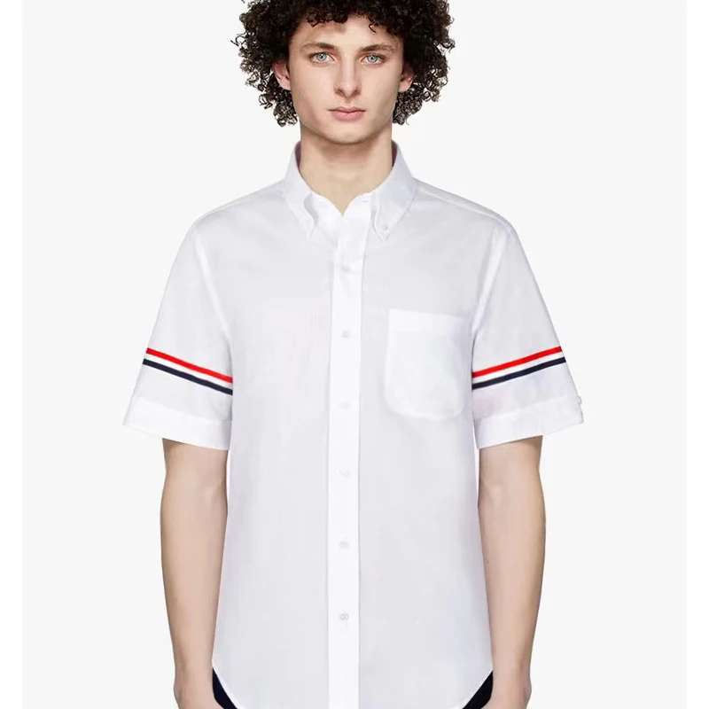 

TB THOM Men's Shirt Brand Striped Armband Men's Clothing Summer Casual Oxford Slim Short Sleeve Korean Fashion High Quality Tops