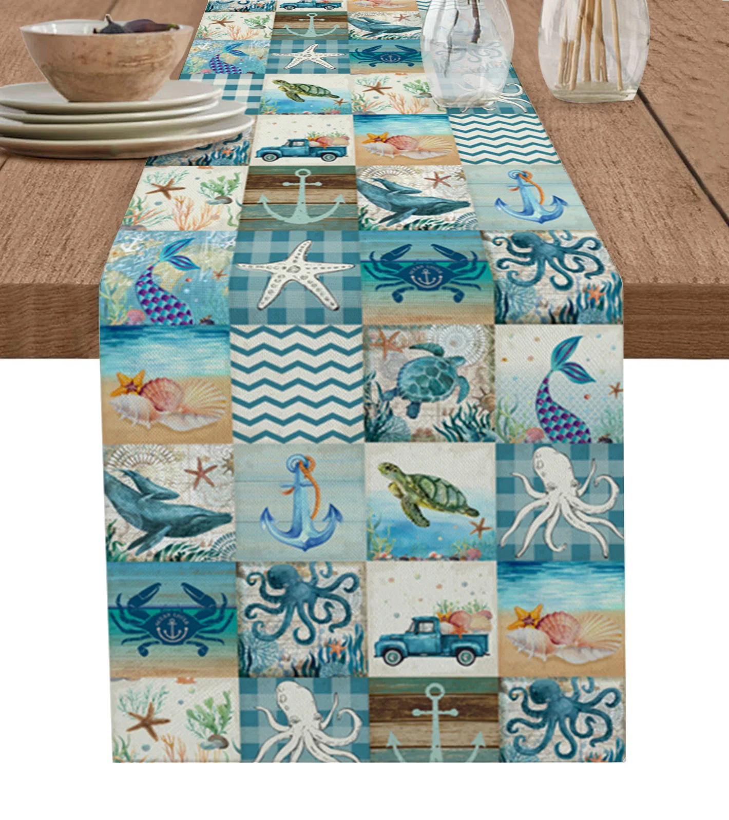 

Sea Turtle Sea Star Lattice Table Runner luxury Kitchen Dinner Table Cover Wedding Party Decor Cotton Linen Tablecloth