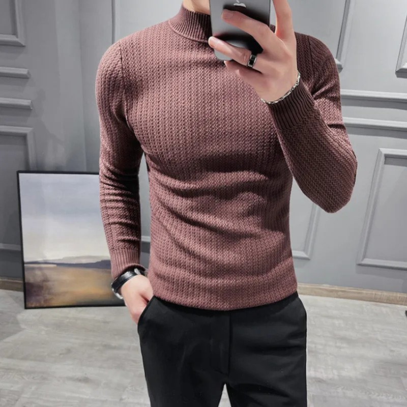 2022 Winter Half Turtleneck Sweater Men's Knitted Pullover Slim Solid Color Wool Knitwear Green Long-sleeved Top