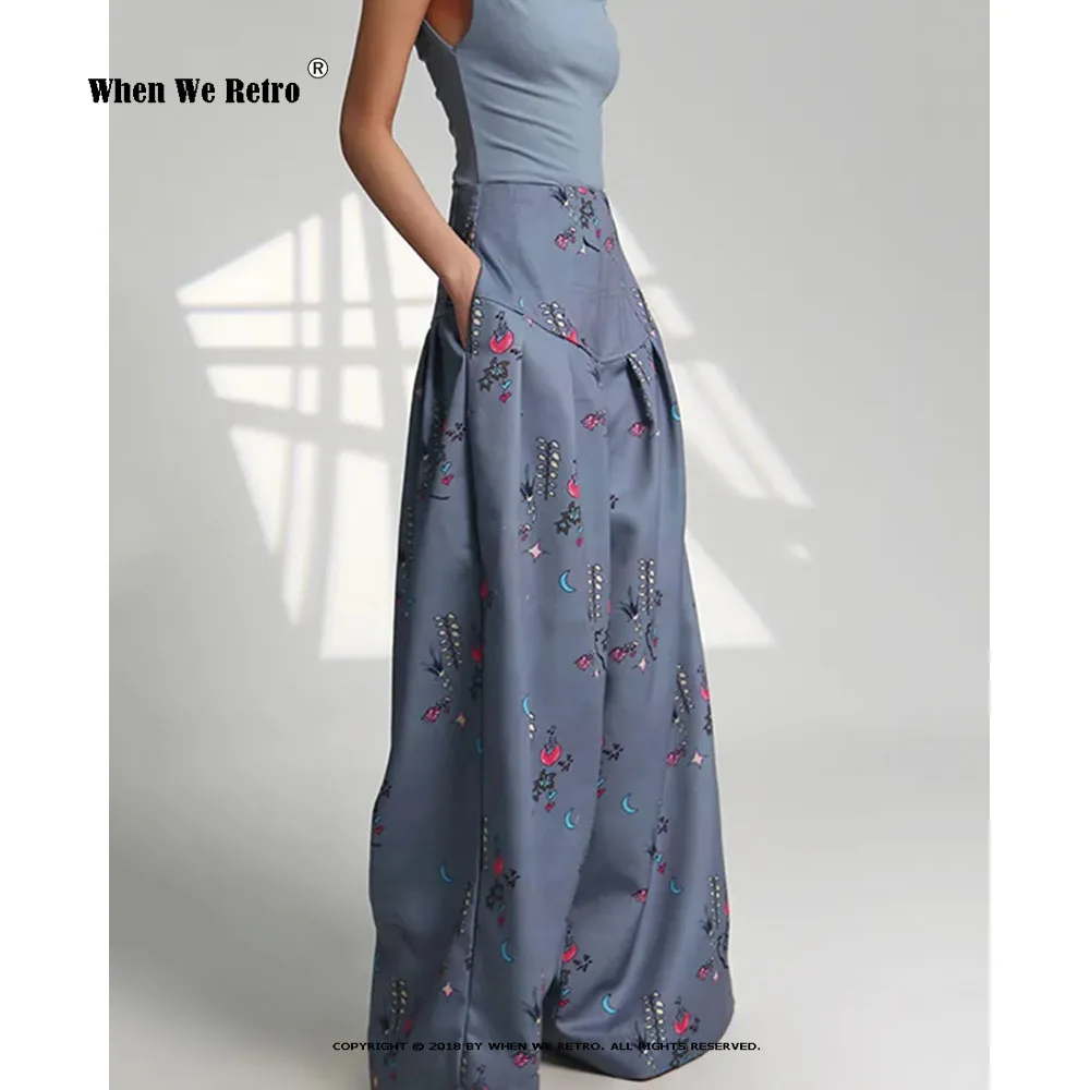 Chic Patchwork Floral Full Length Pants For Women High Waist Spliced Pockets Loose Wide Leg Pant Women Fashion Streetwear VP0196
