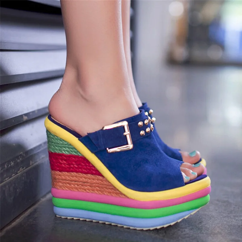 

2022 New Summer Sexy Bohemia Casual Rainbow Peep Toe Platform Sandals For Womens Wedges Sandalias Plataforma Shoes High