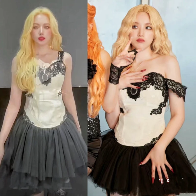 

Kpop Gidle Black Lace White Sleeveless Backless Sling Vest Tops Women Sexy Nightclub Mini Mesh Bubble Skirt Skirt Two Piece Set
