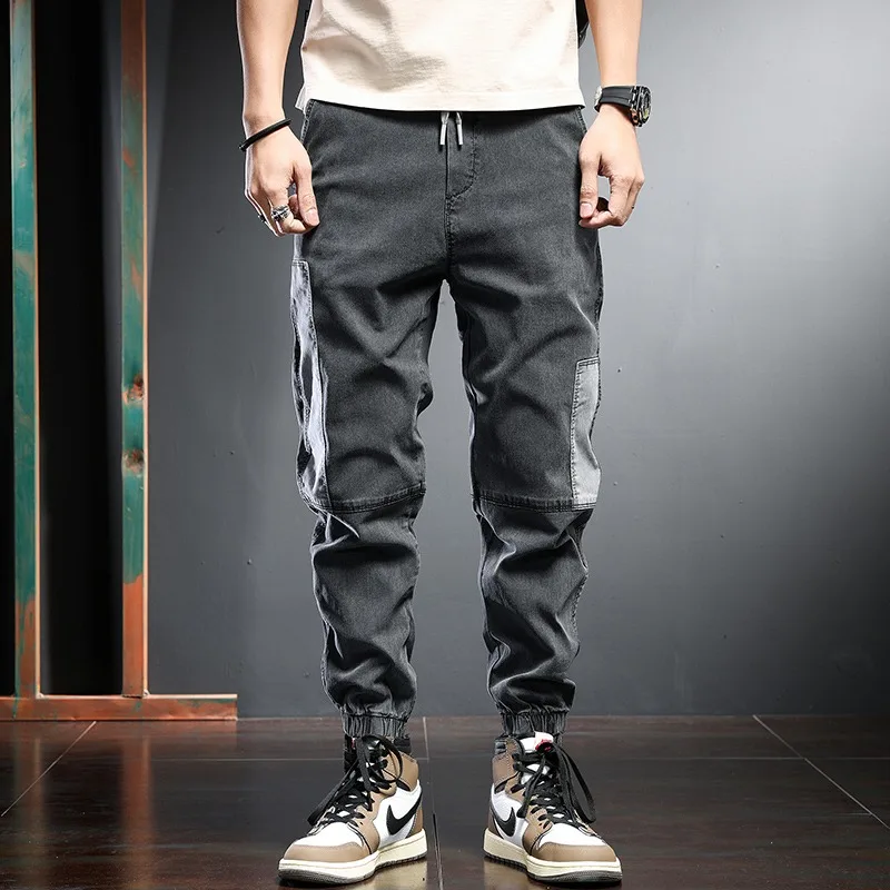 Fashion Jeans Men Pencil Pants Summer Black Patchwork Baggy Jean Streetwear Hip Hop Elastic Waist Drawstring Denim Trousers