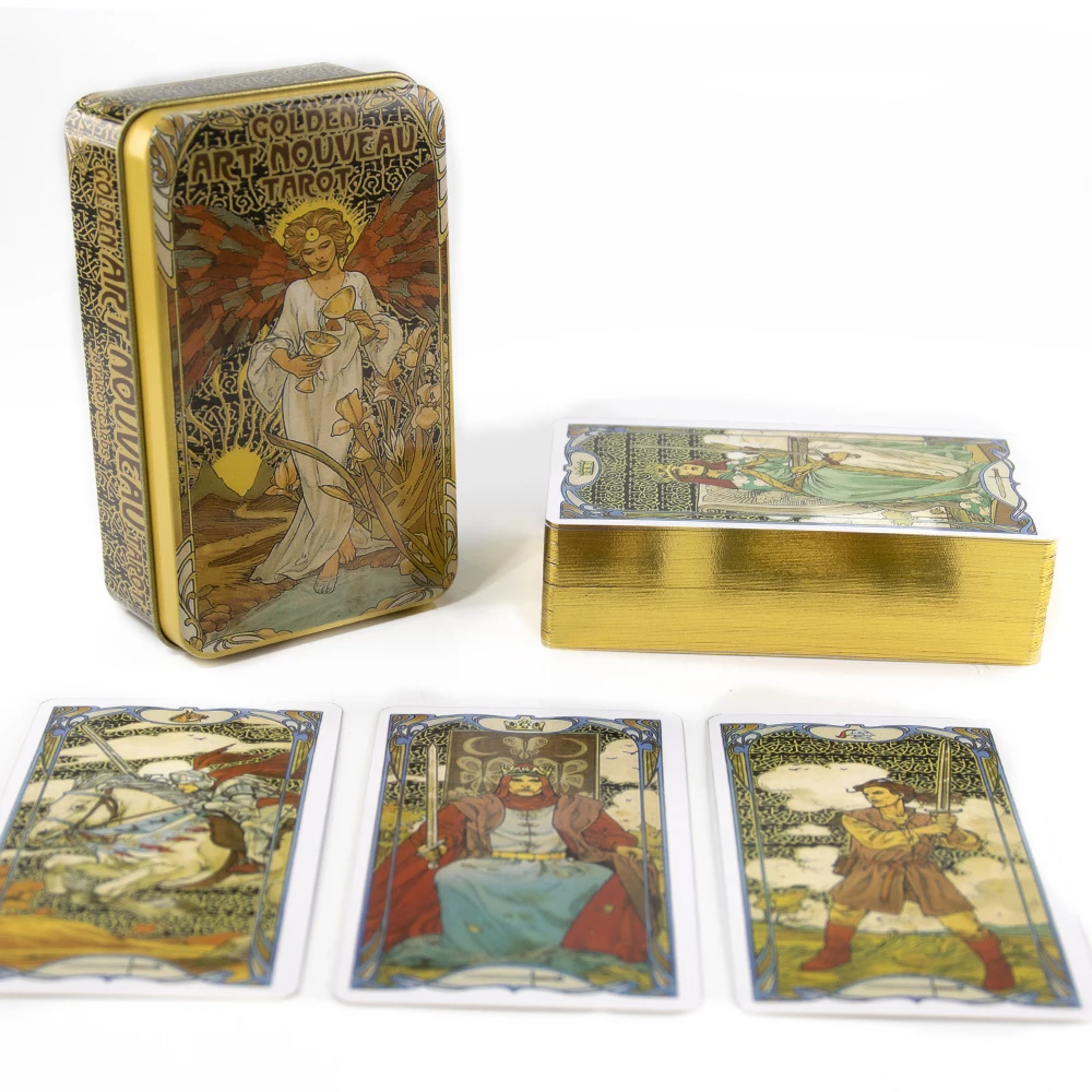 

Golden Art Nouveau Tarot Deck Board Game Cards Mysterious Divination Deck Family Party Games English Version Vintage Color Cards