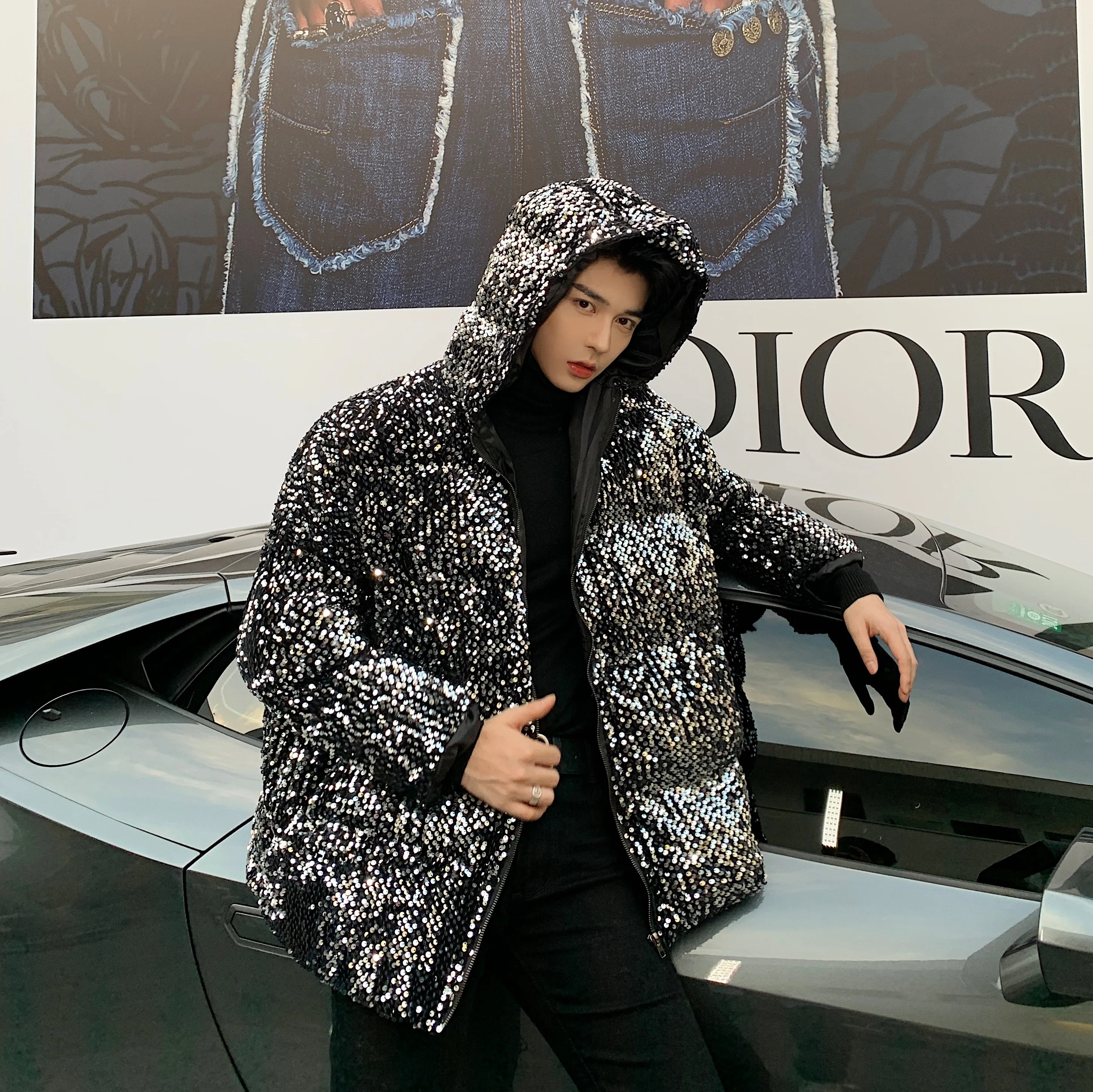 Mens Thick Gothic Jacket and Sequins Coats with Hood for Winter Warm Clothes and Bright Hip Hop Streetwear Korean Puffer Jackets