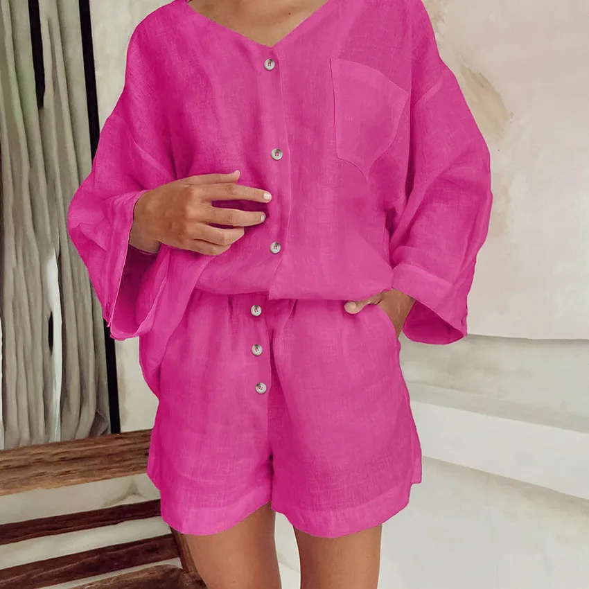 Women's  2 Piece Pajamas Sets V-Neck Cotton Female Pijama Sleepwear Long Sleeve Shorts Loungewear Pyjama Leisure Home Clothes