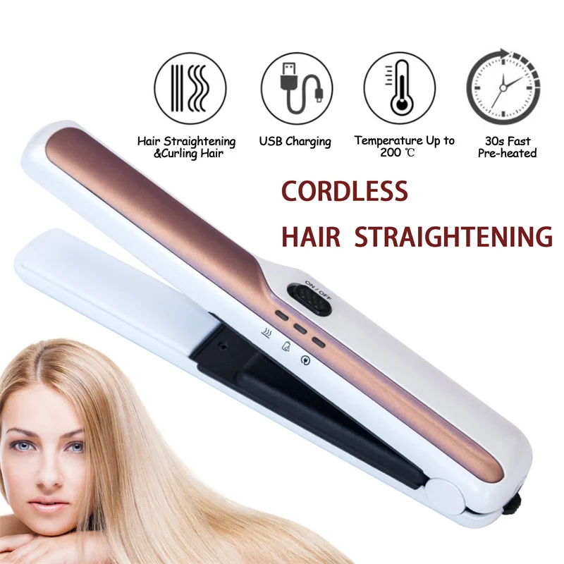 Wireless 2 IN 1 Flat Iron Hair Straightener USB Rechargable Hair Styler Tools Straighten Fast Heating Electric Beard Comb