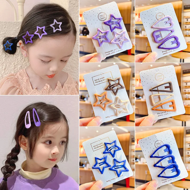 

3pcs Kids Candy Color Hair Clips Oval Star Hollow Basic Simple Hairpins Click Clack Headwear Girls Kids Hair Accessories