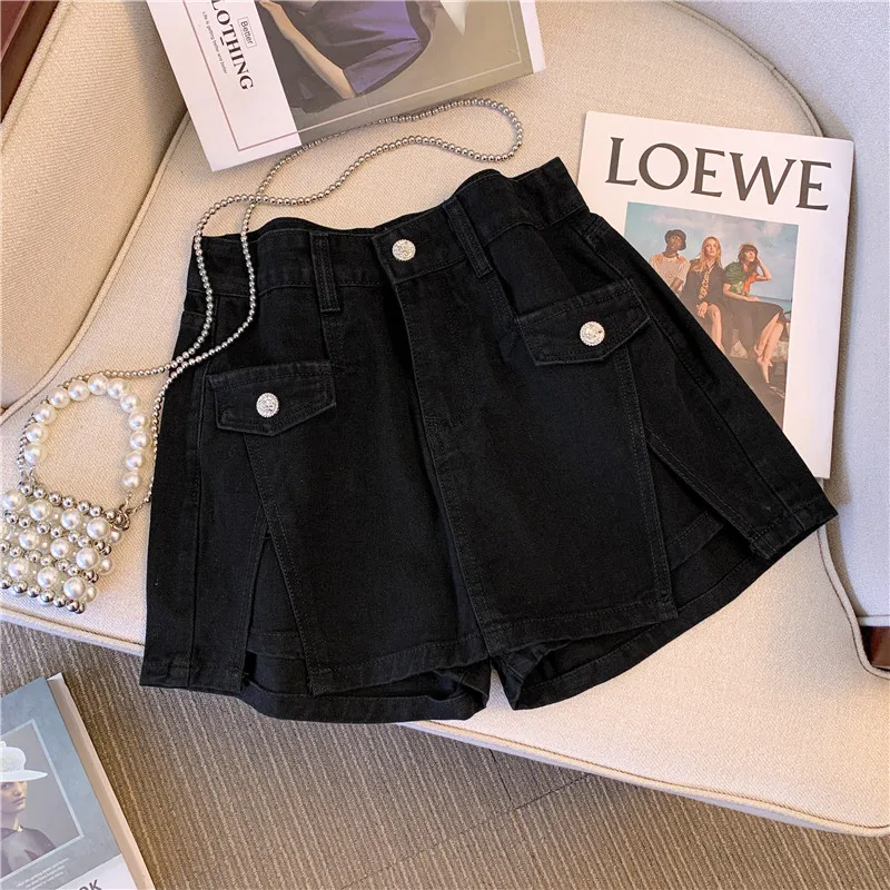 Casual Large Size Culotte For Women's Clothing 2023 Spring Summer New Fashion Slim Short Denim Shorts Skirts Black Blue AC424