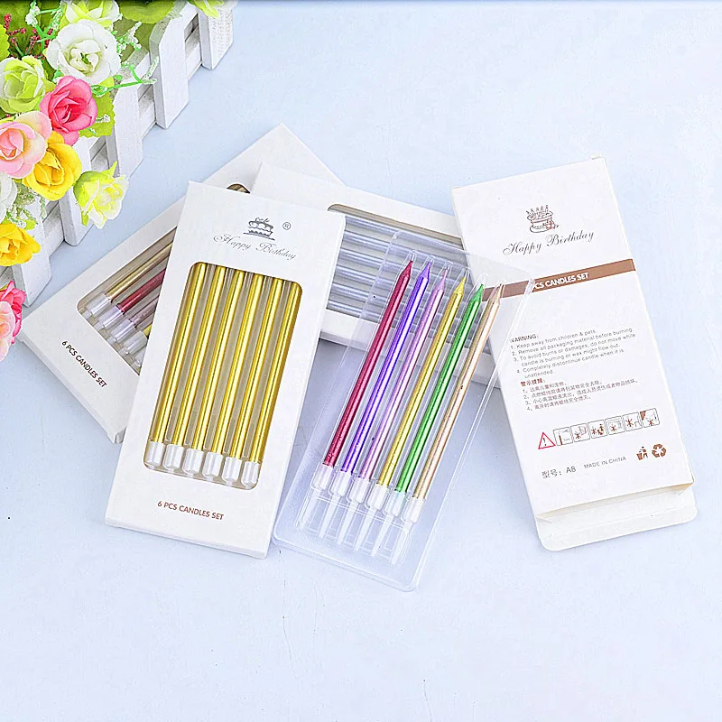 

6 Pcs Long Thin Cake Candles Metallic Birthday Candle Long Pencil Candles In Holders For Wedding Party Cake Decorations