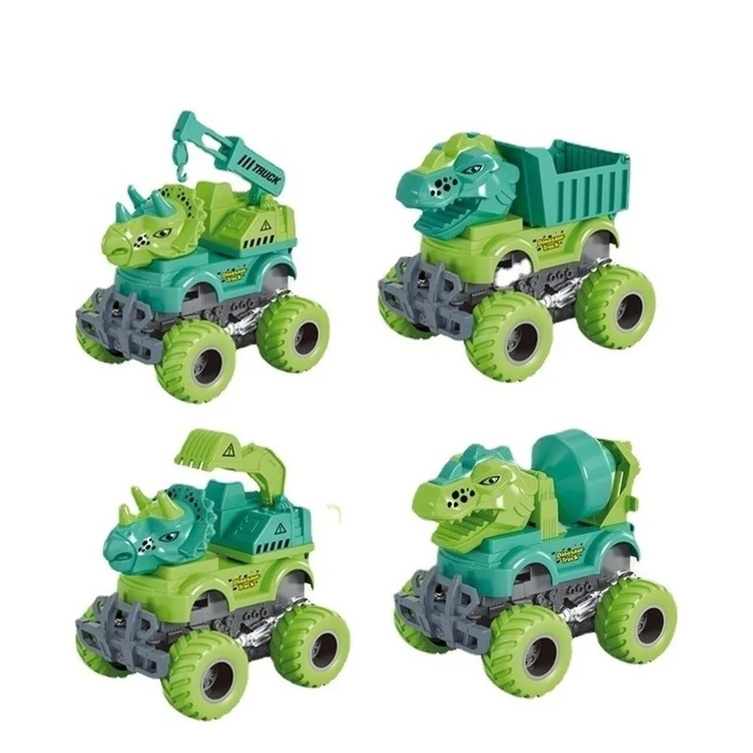 

4pc/set Dinosaur Engineering Mixer Truck Deformation Car Ejection Jumping Stunt Car Dinosaurs Transport Crane Excavator Car Toys