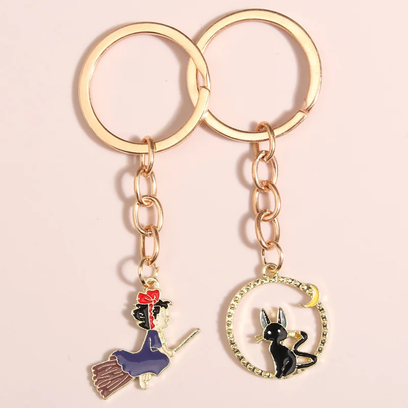 

1set(2pcs) Cartoon Enamel Keychain Witch Girls Cat Moon Key Ring Halloween Key Chains For Friendship Gifts DIY Handmade Jewelry