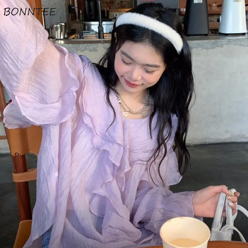 

Blouses Women Ruffles Design Purple Solid V-neck Design Sweat Girlish Korean Fashion Casual Style All-match Spring Classic Chic