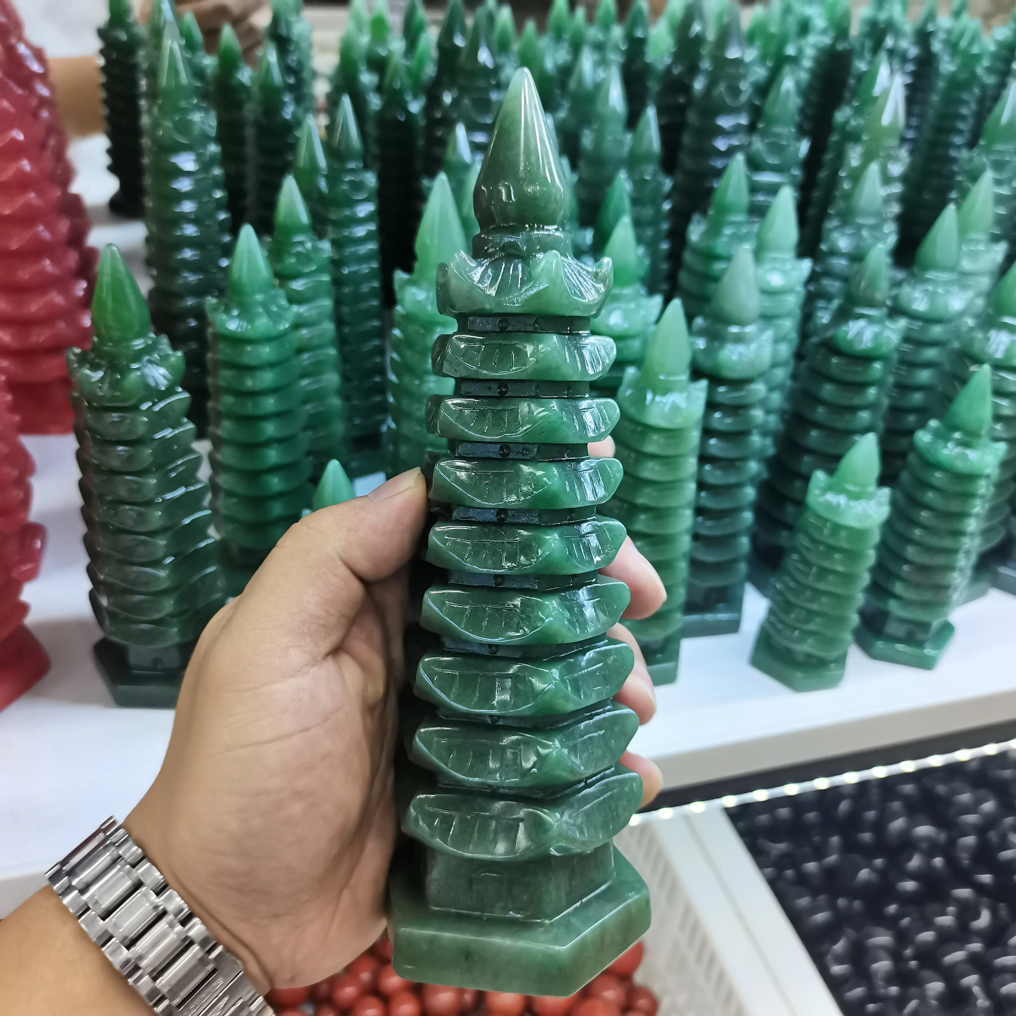 

20cm Natural stone Dongling jade pagoda point carved stone wenchang tower energy and chakra crystal healing crystals