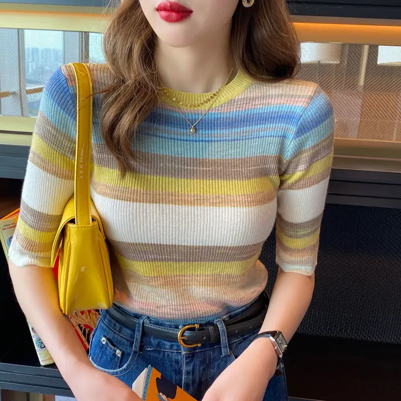 

Women's Top Knitted Fabric T-shirt Woman Striped Long Sleeve Pulovers Goth Elegant In Cotton Fitted Clothing High Quality O Tees